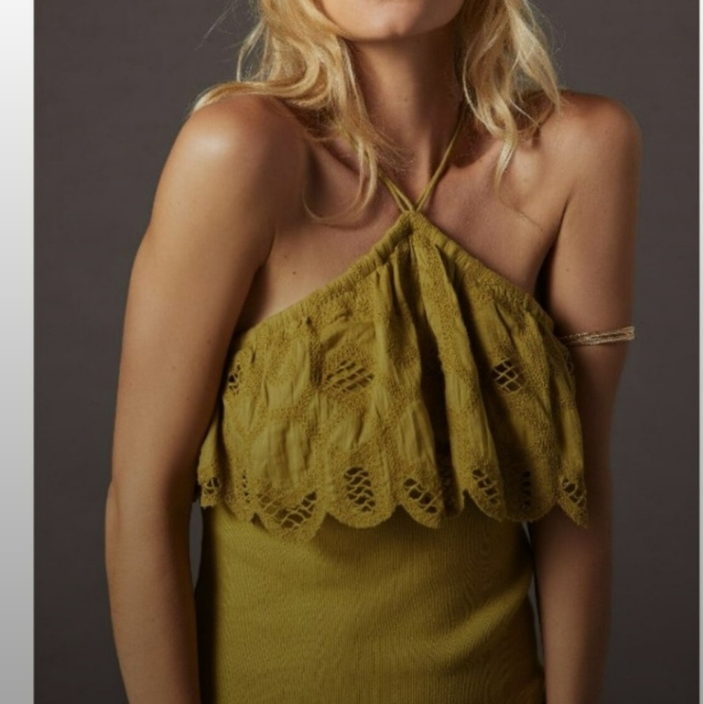Anthropologie Green Lace Halter Top, Size Medium